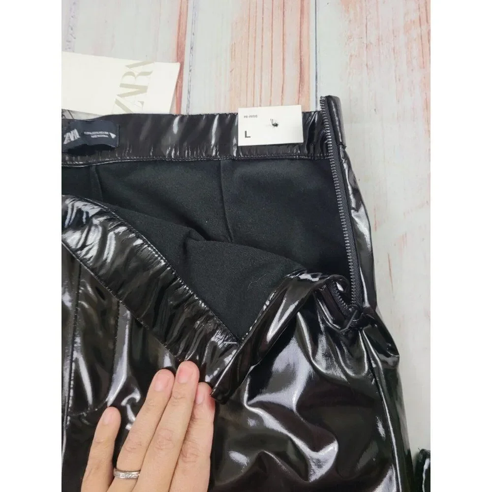 Zara Woman Faux Leather Shinny Vinyl Black Relaxed Fit Moto Biker Pants Size L - Picture 8 of 11